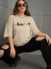 SHEIN EZwear 大碼愛心和字母圖案落肩T恤 - 卡其色 - 查看 4