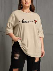 SHEIN EZwear 大碼愛心和字母圖案落肩T恤 - 卡其色 - 查看 5