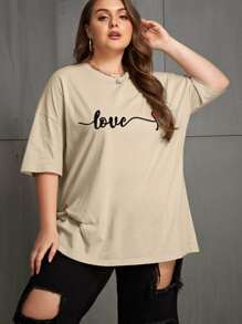 SHEIN EZwear 大碼愛心和字母圖案落肩T恤 - 卡其色 - 查看 6