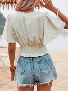 Breezaya Camisa crop unicolor fruncido de manga mariposa - Beis - Ver 3