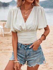 Breezaya Camisa crop unicolor fruncido de manga mariposa - Beis - Ver 4