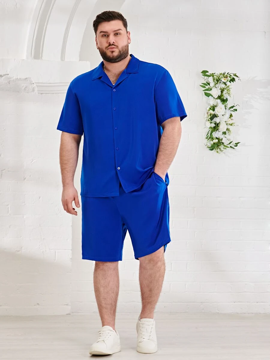 EASEVO 男士素色西裝領襯衫和短褲 - 寶藍色 - 查看 1