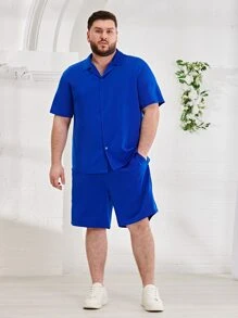 EASEVO 男士素色西裝領襯衫和短褲 - 寶藍色 - 查看 3