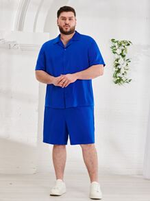 EASEVO 男士素色西裝領襯衫和短褲 - 寶藍色 - 查看 5