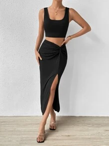 Breezaya 素色背心上衣和前扭結高衩半身裙 - 黑色 - 查看 1