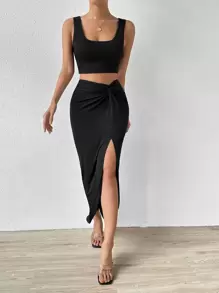 Breezaya 素色背心上衣和前扭結高衩半身裙 - 黑色 - 查看 6