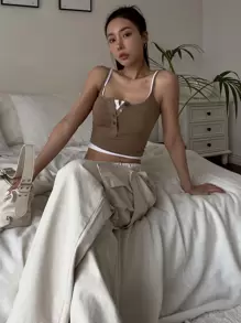 DAZY Contrast Binding Crop Cami Top Sexy Women Tops - Coffee Brown - View 6