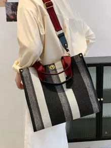 休閒女士帆布手提包斜挎包大容量女士們大肩膀郵差包女士手提包旅行包 - 黑與白 - 查看 1