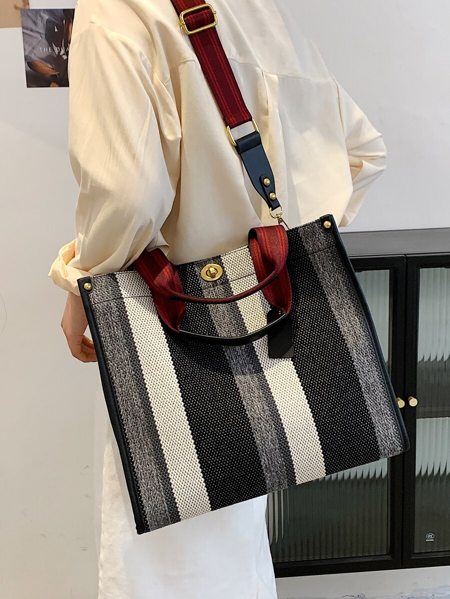 休閒女士帆布手提包斜挎包大容量女士們大肩膀郵差包女士手提包旅行包 - 黑與白 - 查看 1