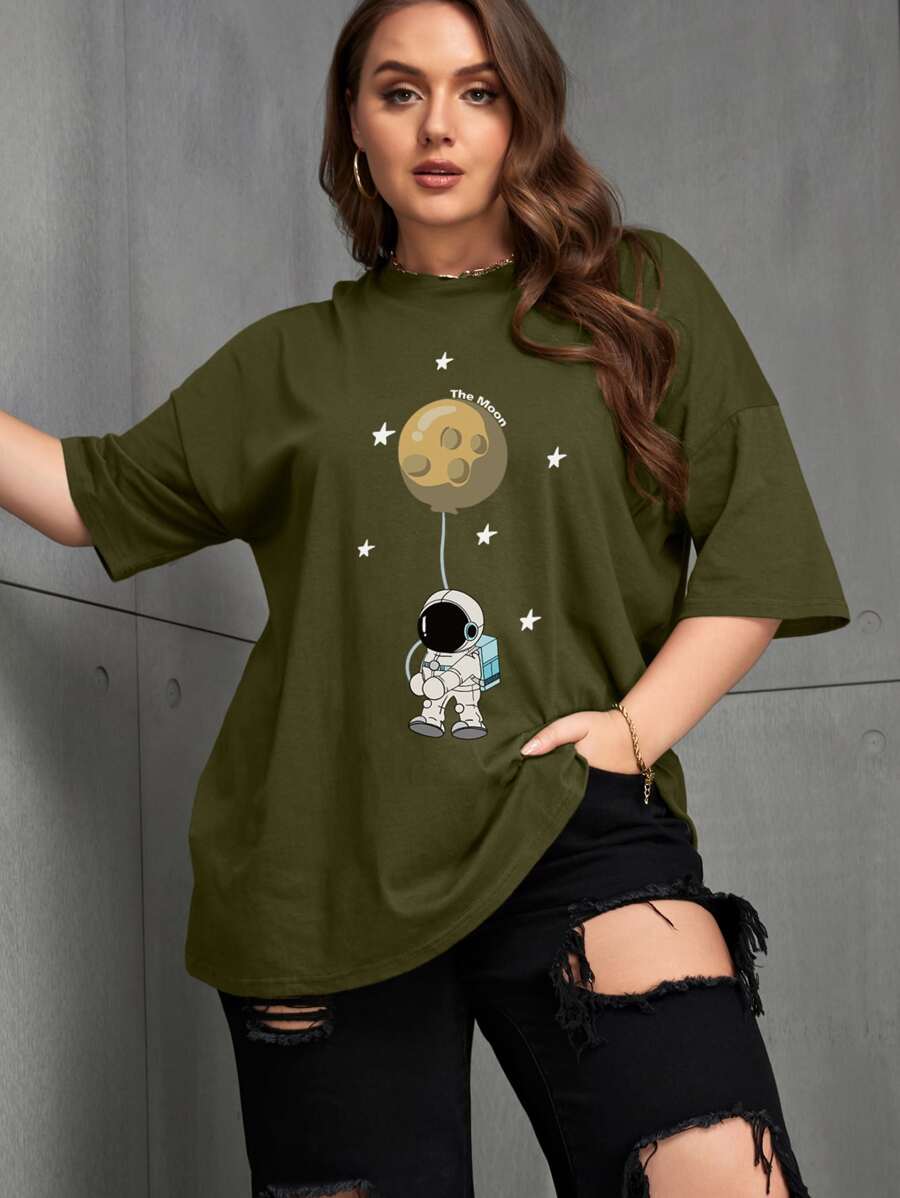 SHEIN EZwear Áo thun Plus size Hoạt hình Thiên hà Giải trí - xanh quân đội - Xem 1