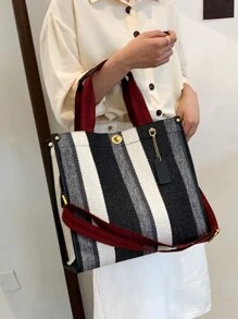 休閒女士帆布手提包斜挎包大容量女士們大肩膀郵差包女士手提包旅行包 - 黑與白 - 查看 2