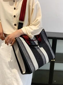 休閒女士帆布手提包斜挎包大容量女士們大肩膀郵差包女士手提包旅行包 - 黑與白 - 查看 3