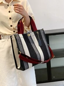 休閒女士帆布手提包斜挎包大容量女士們大肩膀郵差包女士手提包旅行包 - 黑與白 - 查看 4