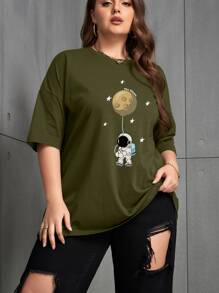 SHEIN EZwear Áo thun Plus size Hoạt hình Thiên hà Giải trí - xanh quân đội - Xem 4