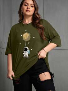 SHEIN EZwear Áo thun Plus size Hoạt hình Thiên hà Giải trí - xanh quân đội - Xem 5