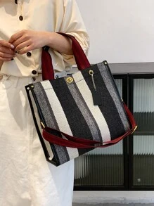 休閒女士帆布手提包斜挎包大容量女士們大肩膀郵差包女士手提包旅行包 - 黑與白 - 查看 5