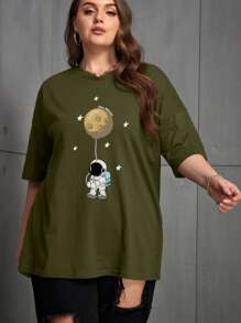 SHEIN EZwear Áo thun Plus size Hoạt hình Thiên hà Giải trí - xanh quân đội - Xem 6