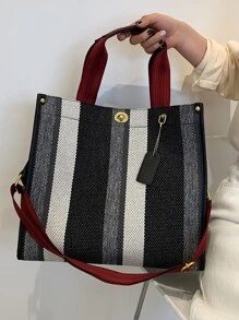 休閒女士帆布手提包斜挎包大容量女士們大肩膀郵差包女士手提包旅行包 - 黑與白 - 查看 7