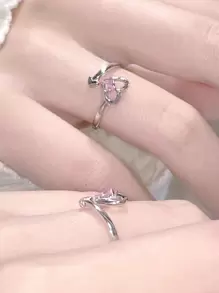 Anillo abierto con diamante de imitación con adorno de corazón - Multicolor - Ver 1