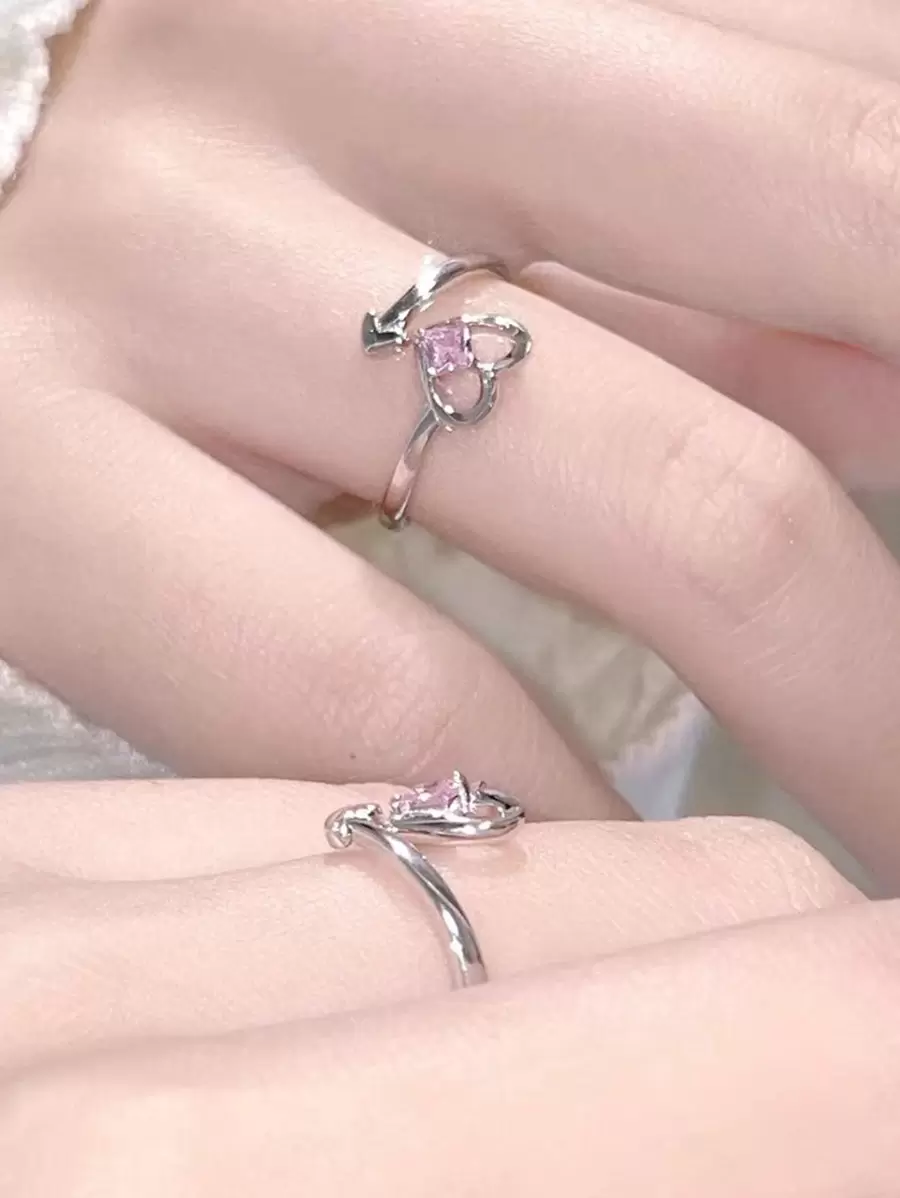 Anillo abierto con diamante de imitación con adorno de corazón - Multicolor - Ver 1