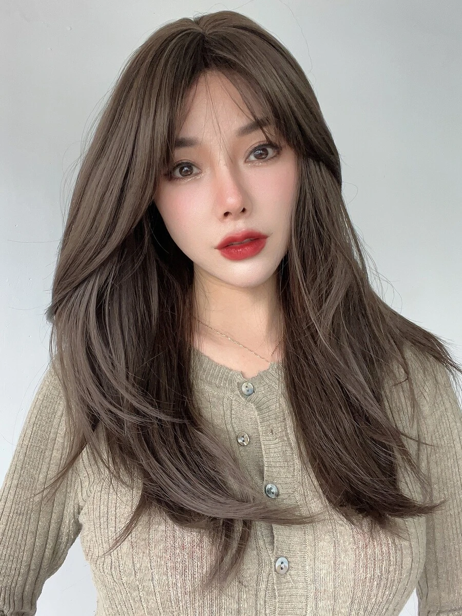 Peluca sintética largo recto con tupe - Marrón - Ver 1