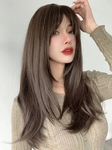 Peluca sintética largo recto con tupe - Marrón - Ver 4