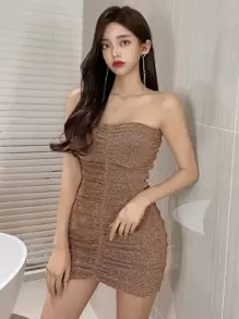 DAZY Đầm Xù màu trơn Buổi tiệc - Màu Khaki - Xem 1