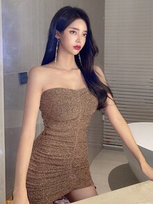 DAZY Đầm Xù màu trơn Buổi tiệc - Màu Khaki - Xem 4