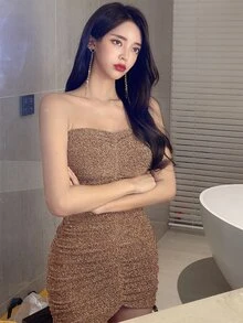 DAZY Đầm Xù màu trơn Buổi tiệc - Màu Khaki - Xem 7