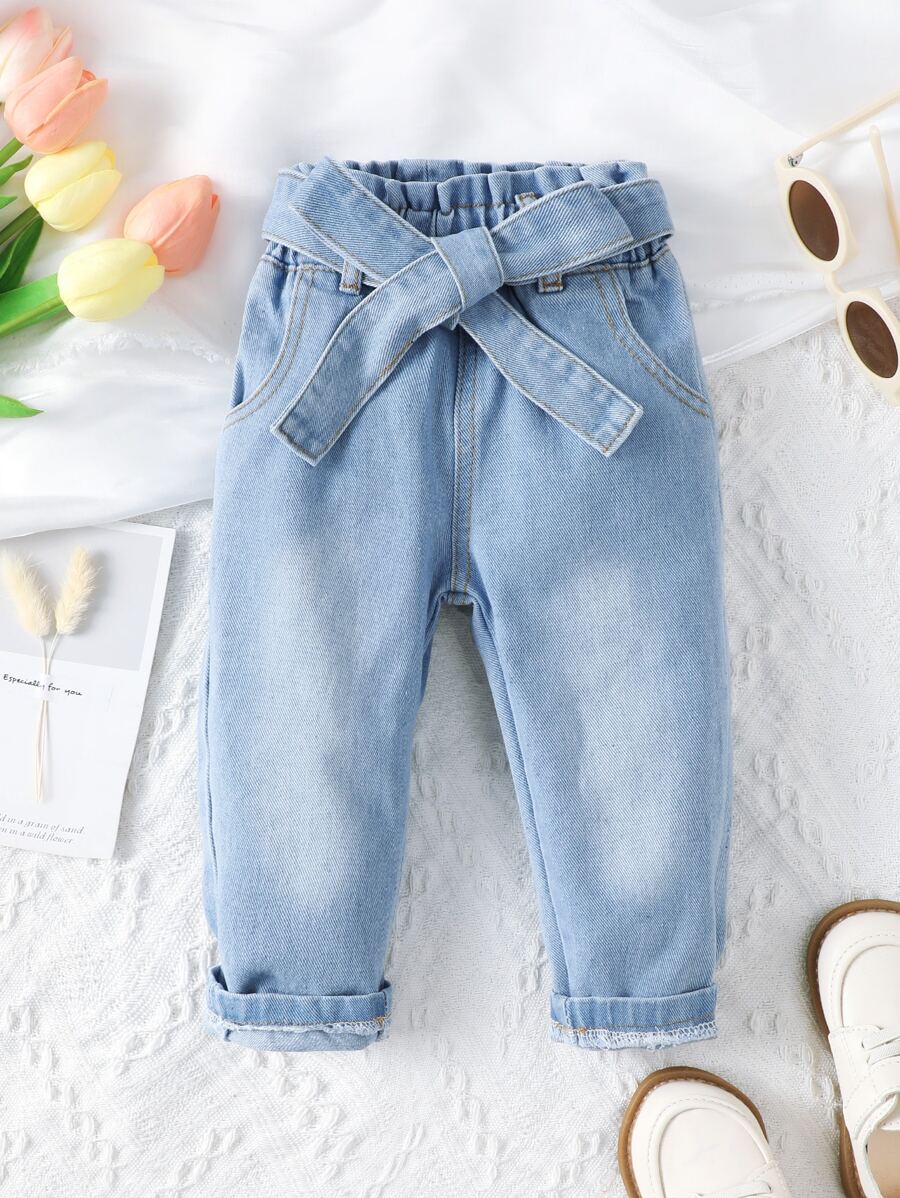 Baby Paperbag Waist Straight Leg Jeans - Light Wash - View 1