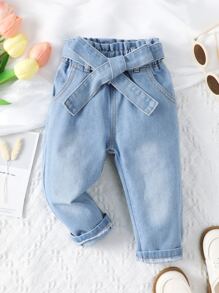 Baby Paperbag Waist Straight Leg Jeans - Light Wash - View 3