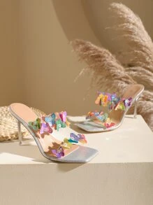 女士蝴蝶裝飾透明帶細跟時尚夏天PVC穆勒涼鞋 - 銀色 - 查看 2