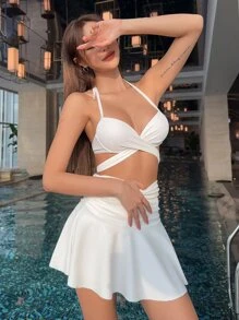 DAZY Solid Bikini Set Criss Cross Push Up Bra & Tie Side Bottom & Tummy Control Beach Skirt 3 Pieces Bathing Suit Summer,Tankini Bathing Suit Festival Outfits Vacation