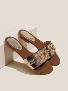 女式金屬裝飾平底涼鞋迷人夏季拖鞋 - 銅色 - 查看 1