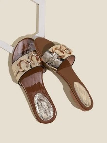 女式金屬裝飾平底涼鞋迷人夏季拖鞋 - 銅色 - 查看 2