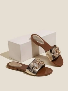 女式金屬裝飾平底涼鞋迷人夏季拖鞋 - 銅色 - 查看 4
