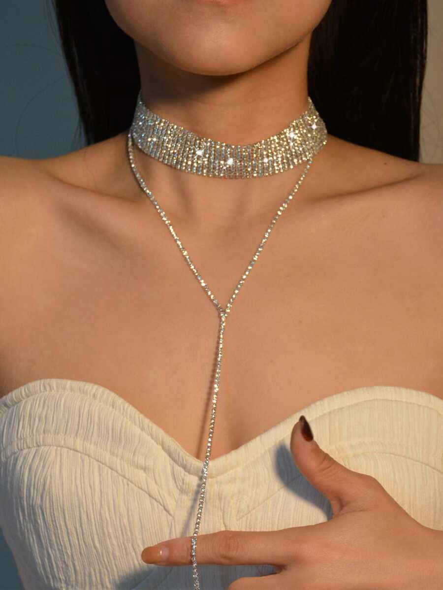 1pc Rhinestone Decor Y Lariat Necklace Copper Jewelry