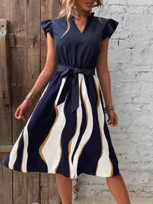 SHEIN LUNE Đầm Thắt lưng Xù Khối Màu Sọc Giải trí - Màu xanh hải quân - Xem 1