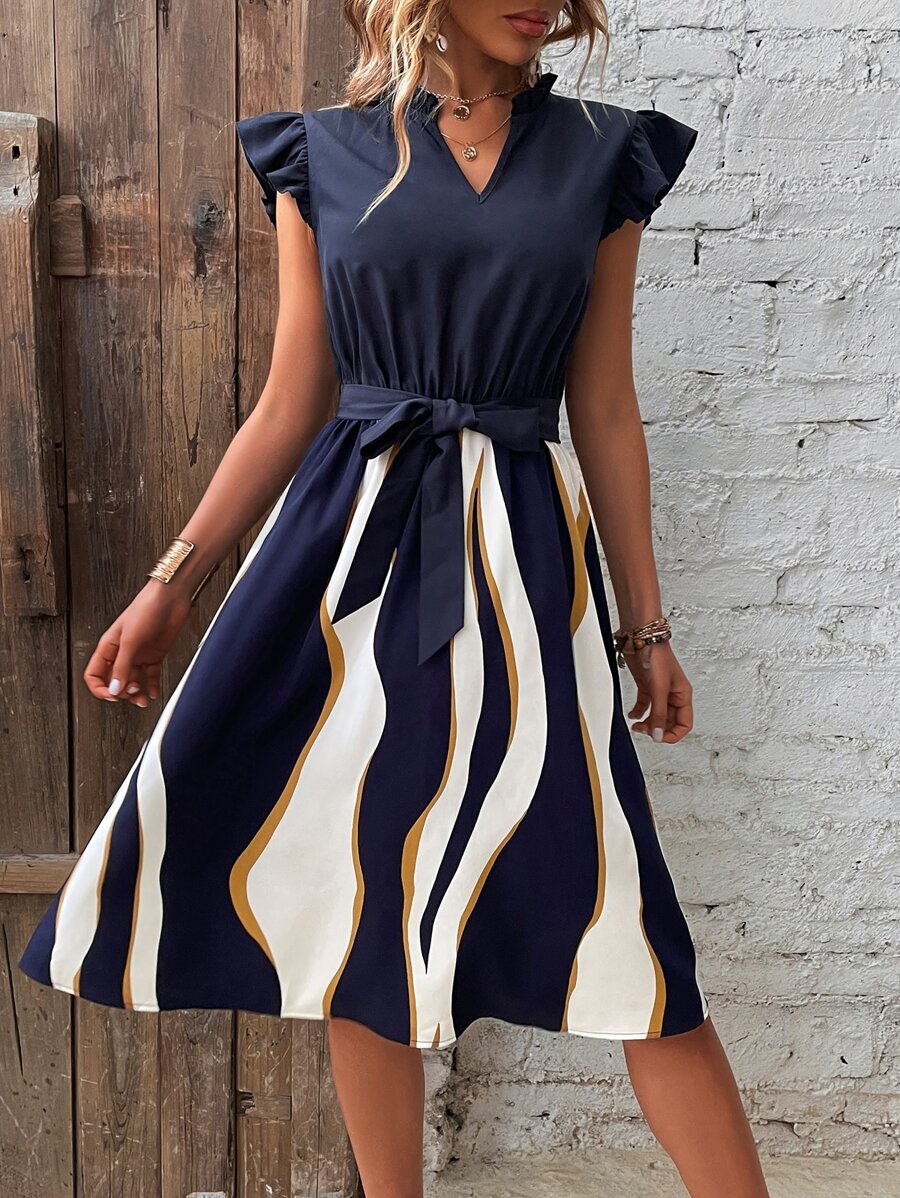 SHEIN LUNE Đầm Thắt lưng Xù Khối Màu Sọc Giải trí - Màu xanh hải quân - Xem 1