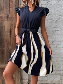 SHEIN LUNE Đầm Thắt lưng Xù Khối Màu Sọc Giải trí - Màu xanh hải quân - Xem 3