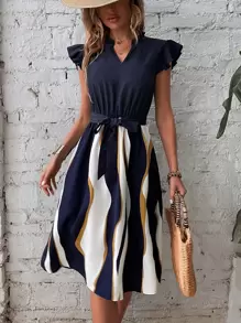 SHEIN LUNE Đầm Thắt lưng Xù Khối Màu Sọc Giải trí - Màu xanh hải quân - Xem 5