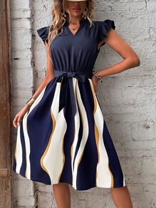 SHEIN LUNE Đầm Thắt lưng Xù Khối Màu Sọc Giải trí - Màu xanh hải quân - Xem 6