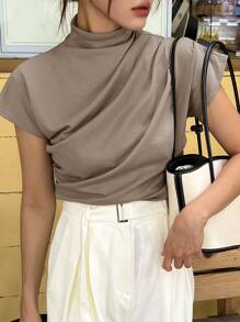 DAZY Mock Neck Ruched Batwing Sleeve Tee - Mocha Brown - View 1