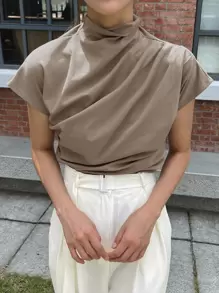 DAZY Mock Neck Ruched Batwing Sleeve Tee - Mocha Brown - View 4