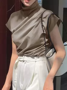 DAZY Mock Neck Ruched Batwing Sleeve Tee - Mocha Brown - View 5