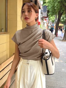 DAZY Mock Neck Ruched Batwing Sleeve Tee - Mocha Brown - View 6