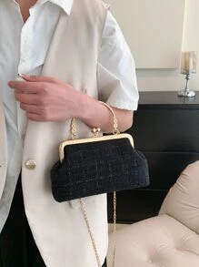 Bolsa cuadrada con patrón de cuadros con cerradura con cadena - Negro - Ver 5
