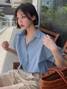 DAZY 純色扣前襯衫 - 藍色 - 查看 1