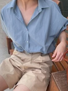 DAZY 純色扣前襯衫 - 藍色 - 查看 2