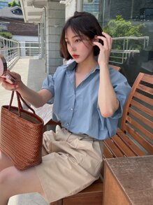 DAZY 純色扣前襯衫 - 藍色 - 查看 3